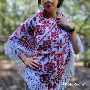 Beautiful Handmade Red and White Cape Shawl Poncho NWOT